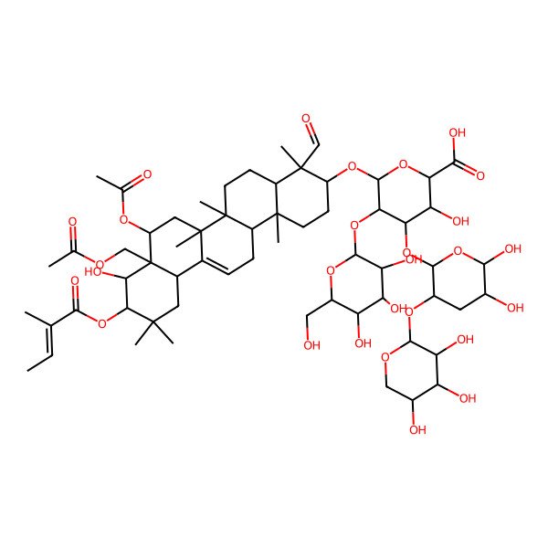 2D Structure of (2S,3S,4S,5R,6R)-6-[[(3S,4S,4aR,6aR,6bS,8R,8aS,9R,10R,12aS,14aR,14bR)-8-acetyloxy-8a-(acetyloxymethyl)-4-formyl-9-hydroxy-4,6a,6b,11,11,14b-hexamethyl-10-[(Z)-2-methylbut-2-enoyl]oxy-1,2,3,4a,5,6,7,8,9,10,12,12a,14,14a-tetradecahydropicen-3-yl]oxy]-4-[(2R,3R,5R,6S)-5,6-dihydroxy-3-[(2S,3R,4S,5R)-3,4,5-trihydroxyoxan-2-yl]oxyoxan-2-yl]oxy-3-hydroxy-5-[(2S,3R,4S,5R,6R)-3,4,5-trihydroxy-6-(hydroxymethyl)oxan-2-yl]oxyoxane-2-carboxylic acid