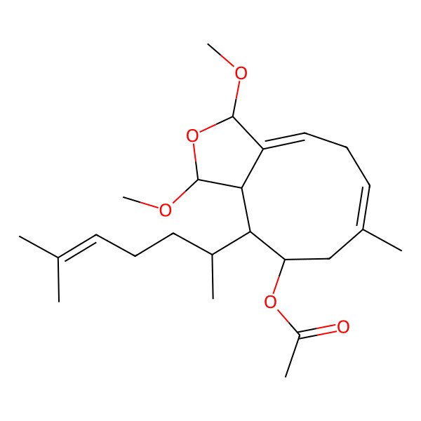 2D Structure of [1,3-dimethoxy-7-methyl-10-(6-methylhept-5-en-2-yl)-3,5,8,9,10,10a-hexahydro-1H-cyclonona[c]furan-9-yl] acetate