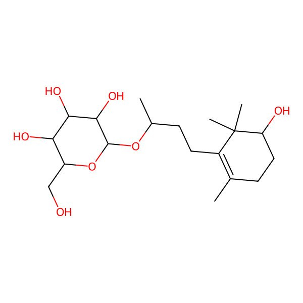 2D Structure of (2R,3S,4S,5R,6R)-2-(hydroxymethyl)-6-[(2R)-4-[(5R)-5-hydroxy-2,6,6-trimethylcyclohexen-1-yl]butan-2-yl]oxyoxane-3,4,5-triol