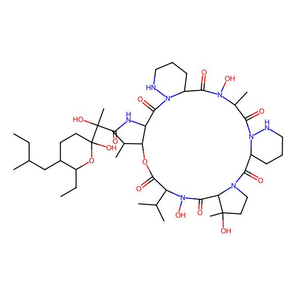 2D Structure of (2R)-2-[(2R,5R,6R)-6-ethyl-2-hydroxy-5-[(2S)-2-methylbutyl]oxan-2-yl]-2-hydroxy-N-[(1R,6R,7S,10S,13S,14S,21R,24S)-6,9,23-trihydroxy-6,24-dimethyl-2,8,11,15,22,25-hexaoxo-10,13-di(propan-2-yl)-12-oxa-3,9,16,17,23,26,27-heptazatetracyclo[24.4.0.03,7.016,21]triacontan-14-yl]propanamide