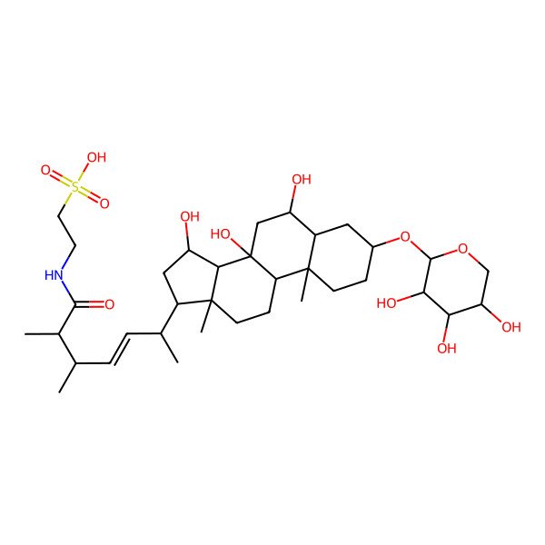 2D Structure of 2-[[(E,2S,3R,6S)-2,3-dimethyl-6-[(3S,5S,6S,8S,9R,10S,13R,14S,15R,17R)-6,8,15-trihydroxy-10,13-dimethyl-3-[(2S,3R,4S,5R)-3,4,5-trihydroxyoxan-2-yl]oxy-1,2,3,4,5,6,7,9,11,12,14,15,16,17-tetradecahydrocyclopenta[a]phenanthren-17-yl]hept-4-enoyl]amino]ethanesulfonic acid