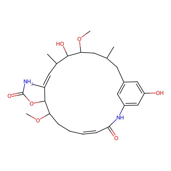 2D Structure of Carbamic acid (4E,10E)-(8S,9S,12S,13R,14S,16R)-13,20-dihydroxy-8,14-dimethoxy-10,12,16-trimethyl-3-oxo-2-aza-bicyclo[16.3.1]docosa-1(22),4,10,18,20-pentaen-9-yl ester