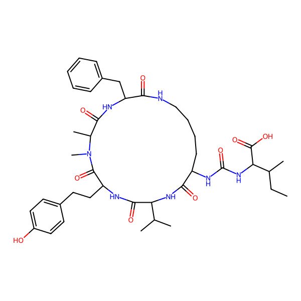 2D Structure of 2-[[3-Benzyl-9-[2-(4-hydroxyphenyl)ethyl]-6,7-dimethyl-2,5,8,11,14-pentaoxo-12-propan-2-yl-1,4,7,10,13-pentazacyclononadec-15-yl]carbamoylamino]-3-methylpentanoic acid