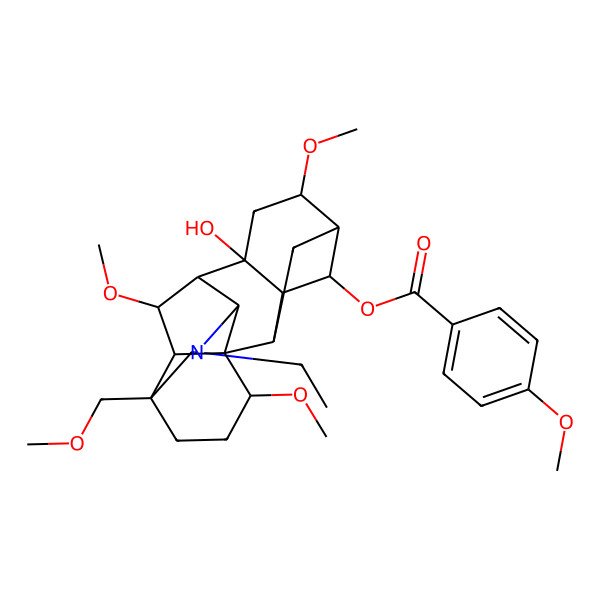 2D Structure of [(1S,2R,3R,4S,5R,6S,8R,9R,10R,13S,16S,17R,18R)-11-ethyl-8-hydroxy-6,16,18-trimethoxy-13-(methoxymethyl)-11-azahexacyclo[7.7.2.12,5.01,10.03,8.013,17]nonadecan-4-yl] 4-methoxybenzoate