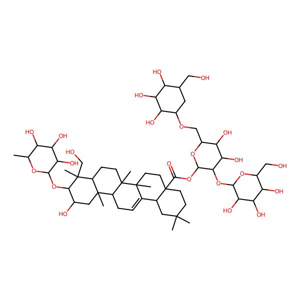 2D Structure of [(2S,3R,4S,5S,6R)-4,5-dihydroxy-6-[[(1R,2R,3S,4R,5R)-2,3,4-trihydroxy-5-(hydroxymethyl)cyclohexyl]oxymethyl]-3-[(2S,3R,4S,5S,6R)-3,4,5-trihydroxy-6-(hydroxymethyl)oxan-2-yl]oxyoxan-2-yl] (4aS,6aR,6aS,6bR,8aR,9R,10R,11S,12aR,14bS)-11-hydroxy-9-(hydroxymethyl)-2,2,6a,6b,9,12a-hexamethyl-10-[(2S,3R,4R,5R,6S)-3,4,5-trihydroxy-6-methyloxan-2-yl]oxy-1,3,4,5,6,6a,7,8,8a,10,11,12,13,14b-tetradecahydropicene-4a-carboxylate