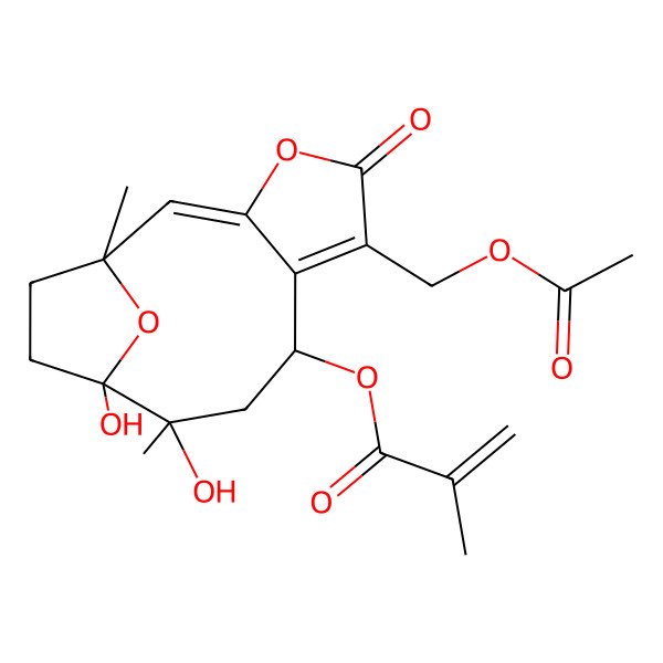 2D Structure of [6-(Acetyloxymethyl)-10,11-dihydroxy-1,10-dimethyl-5-oxo-4,14-dioxatricyclo[9.2.1.03,7]tetradeca-2,6-dien-8-yl] 2-methylprop-2-enoate