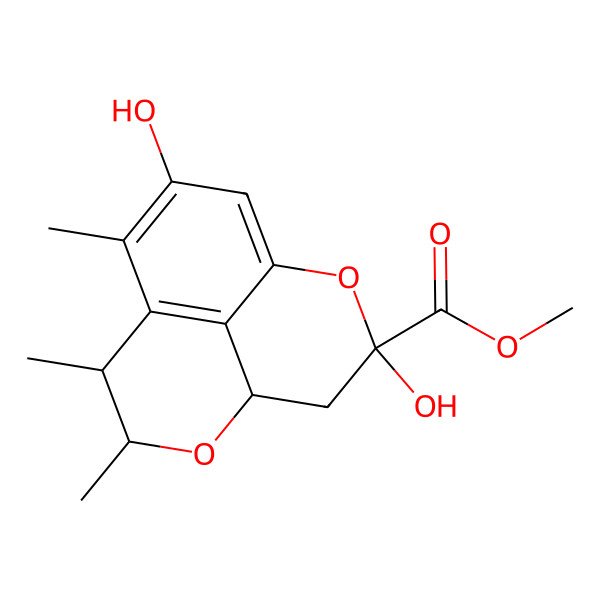 2D Structure of Methyl 3,11-dihydroxy-7,8,10-trimethyl-2,6-dioxatricyclo[7.3.1.05,13]trideca-1(13),9,11-triene-3-carboxylate