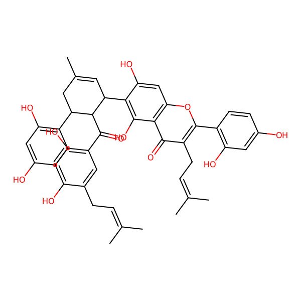 2D Structure of 6-[6-[2,4-Dihydroxy-5-(3-methylbut-2-enyl)benzoyl]-5-(2,4-dihydroxyphenyl)-3-methylcyclohex-2-en-1-yl]-2-(2,4-dihydroxyphenyl)-5,7-dihydroxy-3-(3-methylbut-2-enyl)chromen-4-one