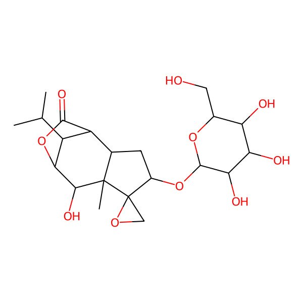 2D Structure of (1S,2R,4S,5R,6R,7R,8S,11R)-7-hydroxy-6-methyl-11-propan-2-yl-4-[(2R,3R,4R,5R,6R)-3,4,5-trihydroxy-6-(hydroxymethyl)oxan-2-yl]oxyspiro[9-oxatricyclo[6.2.1.02,6]undecane-5,2'-oxirane]-10-one