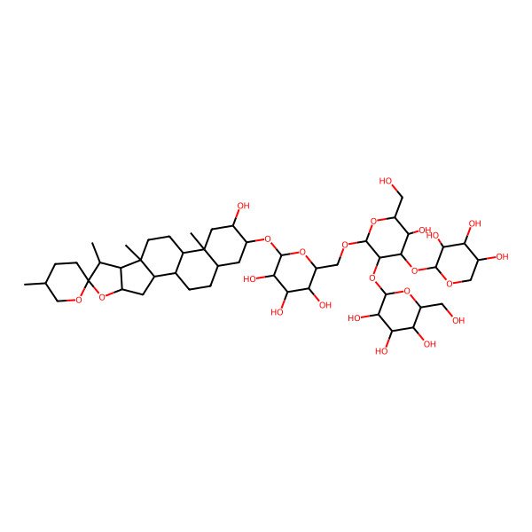 2D Structure of 2-[5-Hydroxy-6-(hydroxymethyl)-2-[[3,4,5-trihydroxy-6-(15-hydroxy-5',7,9,13-tetramethylspiro[5-oxapentacyclo[10.8.0.02,9.04,8.013,18]icosane-6,2'-oxane]-16-yl)oxyoxan-2-yl]methoxy]-4-(3,4,5-trihydroxyoxan-2-yl)oxyoxan-3-yl]oxy-6-(hydroxymethyl)oxane-3,4,5-triol