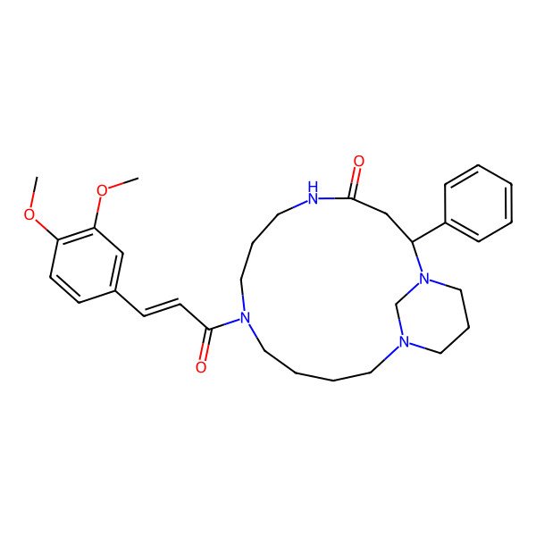 2D Structure of (2S)-9-[(E)-3-(3,4-dimethoxyphenyl)prop-2-enoyl]-2-phenyl-1,5,9,14-tetrazabicyclo[12.3.1]octadecan-4-one