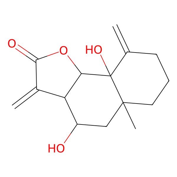 2D Structure of (3aR,4S,5aS,9aR,9bS)-4,9a-dihydroxy-5a-methyl-3,9-dimethylidene-4,5,6,7,8,9b-hexahydro-3aH-benzo[g][1]benzofuran-2-one