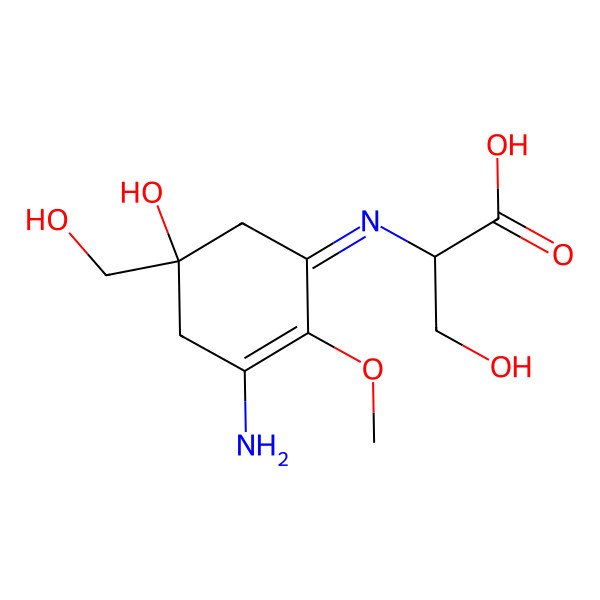 2D Structure of 2-[[3-Amino-5-hydroxy-5-(hydroxymethyl)-2-methoxycyclohex-2-en-1-ylidene]amino]-3-hydroxypropanoic acid