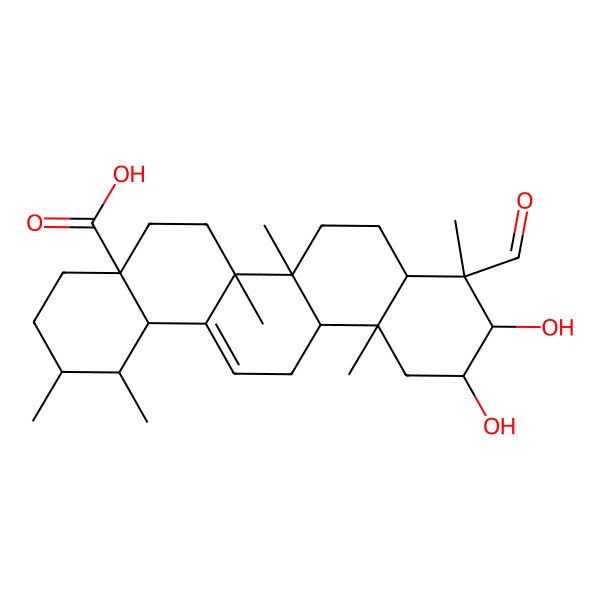 2D Structure of 9-formyl-10,11-dihydroxy-1,2,6a,6b,9,12a-hexamethyl-2,3,4,5,6,6a,7,8,8a,10,11,12,13,14b-tetradecahydro-1H-picene-4a-carboxylic acid