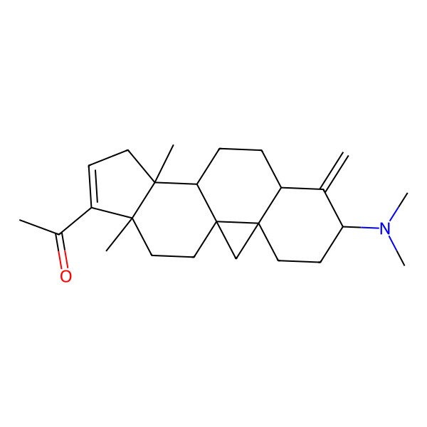 2D Structure of 1-[6-(Dimethylamino)-12,16-dimethyl-7-methylidene-15-pentacyclo[9.7.0.01,3.03,8.012,16]octadec-14-enyl]ethanone
