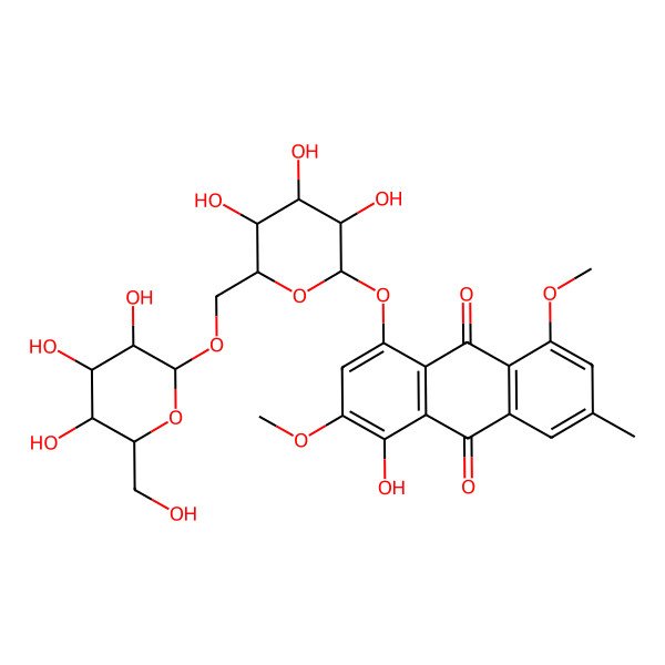 2D Structure of 1-Hydroxy-2,5-dimethoxy-7-methyl-4-[3,4,5-trihydroxy-6-[[3,4,5-trihydroxy-6-(hydroxymethyl)oxan-2-yl]oxymethyl]oxan-2-yl]oxyanthracene-9,10-dione
