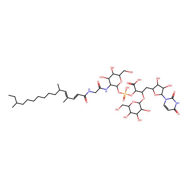 2D Structure of 2-[[4,5-dihydroxy-6-(hydroxymethyl)-3-[[2-[[(2E,4E)-4,6,14-trimethylhexadeca-2,4-dienoyl]amino]acetyl]amino]oxan-2-yl]oxy-hydroxyphosphoryl]oxy-4-[5-(2,4-dioxopyrimidin-1-yl)-3,4-dihydroxyoxolan-2-yl]-3-[3,4,5-trihydroxy-6-(hydroxymethyl)oxan-2-yl]oxybutanoic acid
