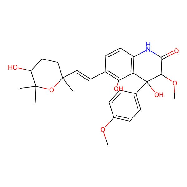 2D Structure of 4,5-Dihydroxy-6-[2-(5-hydroxy-2,6,6-trimethyloxan-2-yl)ethenyl]-3-methoxy-4-(4-methoxyphenyl)-1,3-dihydroquinolin-2-one