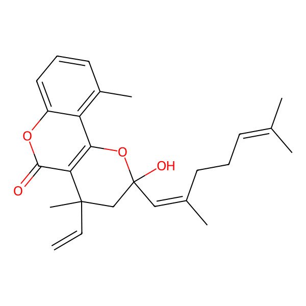 2D Structure of (2R,4R)-2-[(1E)-2,6-dimethylhepta-1,5-dienyl]-4-ethenyl-2-hydroxy-4,10-dimethyl-3H-pyrano[3,2-c]chromen-5-one
