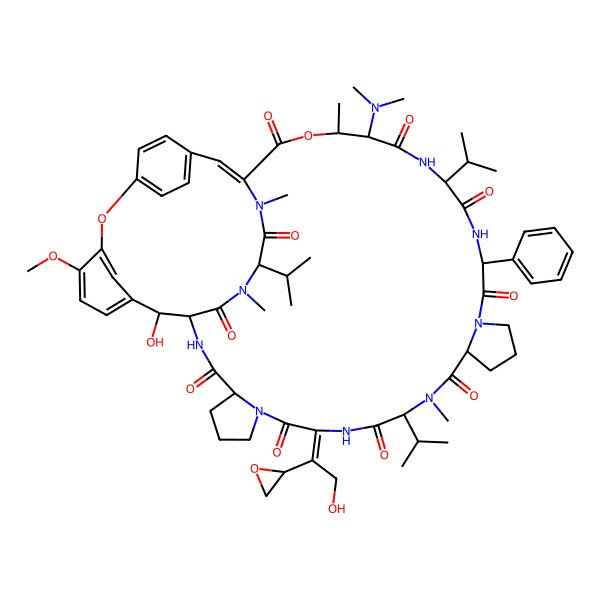 2D Structure of (10E,32Z)-28-(dimethylamino)-44-hydroxy-10-[2-hydroxy-1-(oxiran-2-yl)ethylidene]-40-methoxy-14,29,46,49-tetramethyl-22-phenyl-13,25,47-tri(propan-2-yl)-30,38-dioxa-2,8,11,14,20,23,26,46,49-nonazahexacyclo[30.12.5.234,37.139,43.04,8.016,20]dopentaconta-32,34(52),35,37(51),39,41,43(50)-heptaene-3,9,12,15,21,24,27,31,45,48-decone