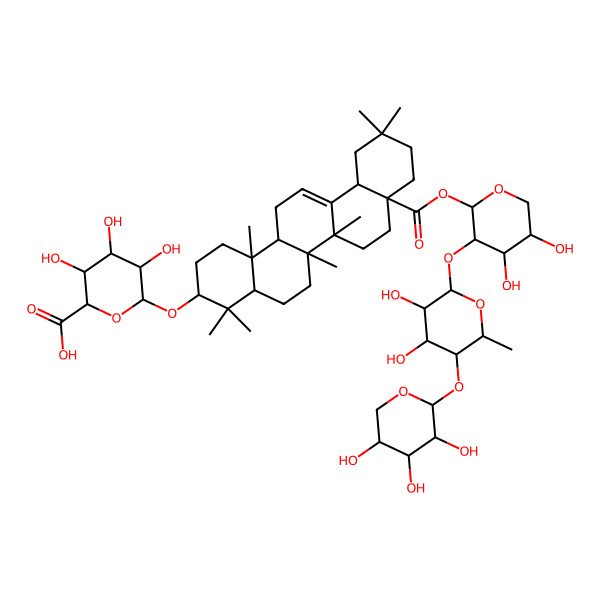 2D Structure of (2S,3S,4S,5R,6R)-6-[[(3S,4aS,6aR,6bS,8aS,12aS,14aS,14bR)-8a-[(2S,3R,4S,5R)-3-[(2S,3R,4S,5R,6S)-3,4-dihydroxy-6-methyl-5-[(2S,3R,4S,5R)-3,4,5-trihydroxyoxan-2-yl]oxyoxan-2-yl]oxy-4,5-dihydroxyoxan-2-yl]oxycarbonyl-4,4,6a,6b,11,11,14b-heptamethyl-1,2,3,4a,5,6,7,8,9,10,12,12a,14,14a-tetradecahydropicen-3-yl]oxy]-3,4,5-trihydroxyoxane-2-carboxylic acid