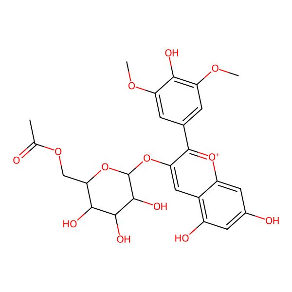 2D Structure of [(2R,3R,4R,5R,6S)-6-[5,7-dihydroxy-2-(4-hydroxy-3,5-dimethoxyphenyl)chromenylium-3-yl]oxy-3,4,5-trihydroxyoxan-2-yl]methyl acetate