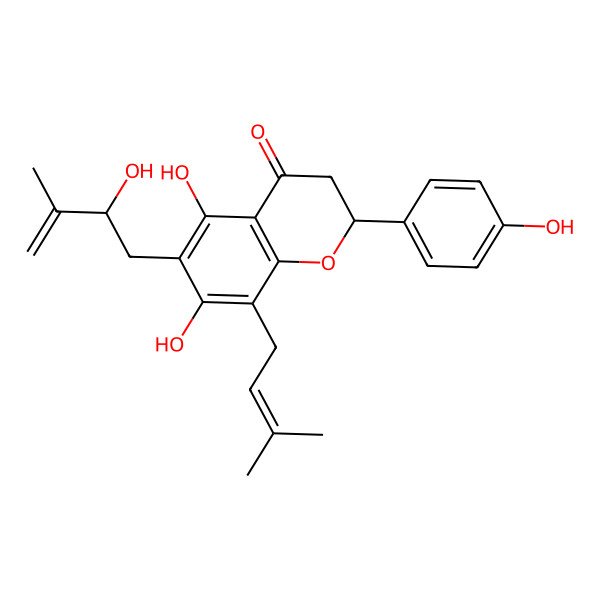2D Structure of 5,7-Dihydroxy-6-(2-hydroxy-3-methylbut-3-enyl)-2-(4-hydroxyphenyl)-8-(3-methylbut-2-enyl)-2,3-dihydrochromen-4-one 2D Structure of 5,7-Dihydroxy-6-(2-hydroxy-3-methylbut-3-enyl)-2-(4-hydroxyphenyl)-8-(3-methylbut-2-enyl)-2,3-dihydrochromen-4-one
