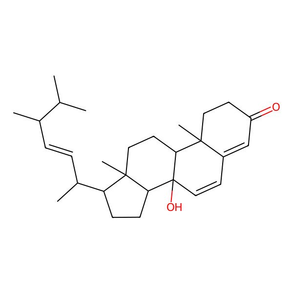 2D Structure of 17-(5,6-dimethylhept-3-en-2-yl)-8-hydroxy-10,13-dimethyl-2,9,11,12,14,15,16,17-octahydro-1H-cyclopenta[a]phenanthren-3-one
