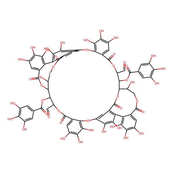 2D Structure of [(11S,12R,13S,14R,37R,38S,39S,56R)-11,37-diformyl-4,5,6,14,20,21,22,25,26,30,31,32,44,45,46,49,50,56-octadecahydroxy-9,17,35,41,53,59-hexaoxo-38-(3,4,5-trihydroxybenzoyl)oxy-2,10,16,28,36,40,54,60-octaoxanonacyclo[37.11.6.413,27.03,8.018,23.029,34.042,47.048,52.024,58]hexaconta-1(50),3,5,7,18,20,22,24,26,29,31,33,42,44,46,48,51,57-octadecaen-12-yl] 3,4,5-trihydroxybenzoate