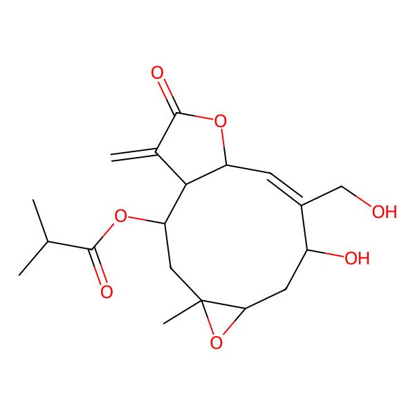 2D Structure of [(1R,2R,4R,6R,8S,9Z,11R)-8-hydroxy-9-(hydroxymethyl)-4-methyl-14-methylidene-13-oxo-5,12-dioxatricyclo[9.3.0.04,6]tetradec-9-en-2-yl] 2-methylpropanoate