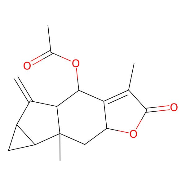 2D Structure of (4,9-Dimethyl-13-methylidene-5-oxo-6-oxatetracyclo[7.4.0.03,7.010,12]tridec-3-en-2-yl) acetate