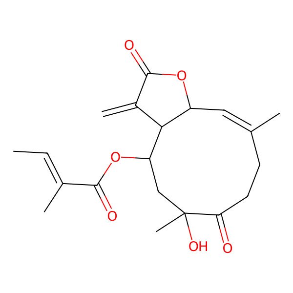 2D Structure of [(3aS,4R,6R,10E,11aR)-6-hydroxy-6,10-dimethyl-3-methylidene-2,7-dioxo-3a,4,5,8,9,11a-hexahydrocyclodeca[b]furan-4-yl] (E)-2-methylbut-2-enoate