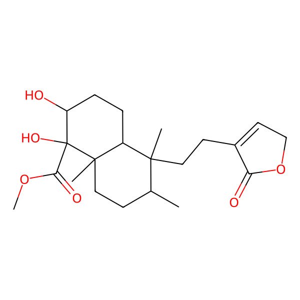 2D Structure of methyl (1R,2R,4aR,5S,6R,8aS)-1,2-dihydroxy-5,6,8a-trimethyl-5-[2-(5-oxo-2H-furan-4-yl)ethyl]-3,4,4a,6,7,8-hexahydro-2H-naphthalene-1-carboxylate