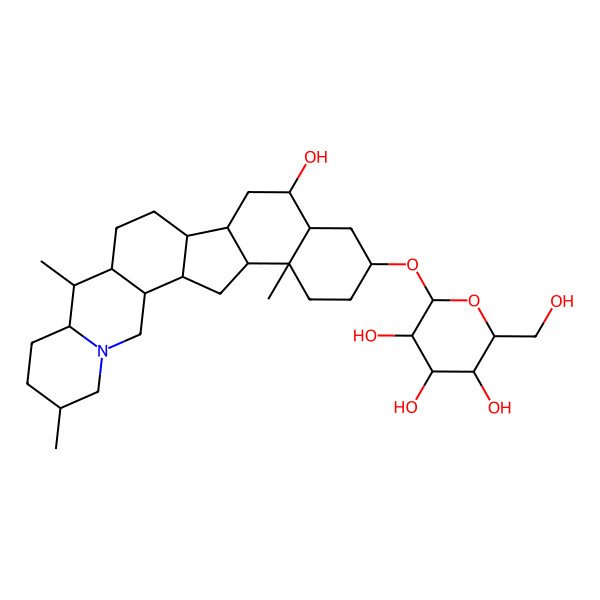 2D Structure of (2S,3R,4R,5R,6R)-2-(hydroxymethyl)-6-[[(1S,2R,6S,9R,10S,11R,14R,15R,17R,18S,20S,23S,24R)-17-hydroxy-6,10,23-trimethyl-4-azahexacyclo[12.11.0.02,11.04,9.015,24.018,23]pentacosan-20-yl]oxy]oxane-3,4,5-triol