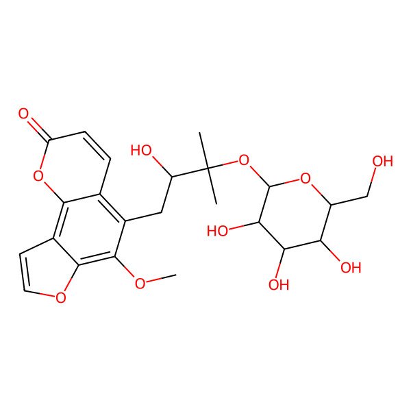 2D Structure of 5-[2-Hydroxy-3-methyl-3-[3,4,5-trihydroxy-6-(hydroxymethyl)oxan-2-yl]oxybutyl]-6-methoxyfuro[2,3-h]chromen-2-one