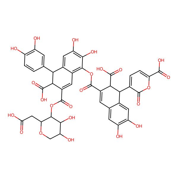 2D Structure of 5-[2-Carboxy-3-[[6-carboxy-7-[2-(carboxymethyl)-4,5-dihydroxyoxan-3-yl]oxycarbonyl-5-(3,4-dihydroxyphenyl)-2,3-dihydroxy-5,6-dihydronaphthalen-1-yl]oxycarbonyl]-6,7-dihydroxy-1,2-dihydronaphthalen-1-yl]-6-oxopyran-2-carboxylic acid