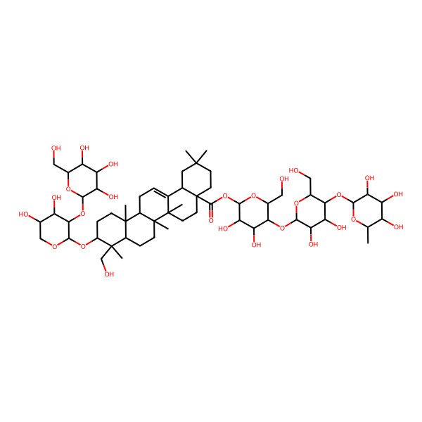 2D Structure of [(2S,3R,4R,5S,6R)-5-[(2S,3R,4R,5S,6R)-3,4-dihydroxy-6-(hydroxymethyl)-5-[(2S,3R,4R,5R,6S)-3,4,5-trihydroxy-6-methyloxan-2-yl]oxyoxan-2-yl]oxy-3,4-dihydroxy-6-(hydroxymethyl)oxan-2-yl] (4aS,6aR,6aS,6bR,8aR,9R,10S,12aR,14bS)-10-[(2S,3R,4S,5S)-4,5-dihydroxy-3-[(2S,3R,4S,5S,6R)-3,4,5-trihydroxy-6-(hydroxymethyl)oxan-2-yl]oxyoxan-2-yl]oxy-9-(hydroxymethyl)-2,2,6a,6b,9,12a-hexamethyl-1,3,4,5,6,6a,7,8,8a,10,11,12,13,14b-tetradecahydropicene-4a-carboxylate
