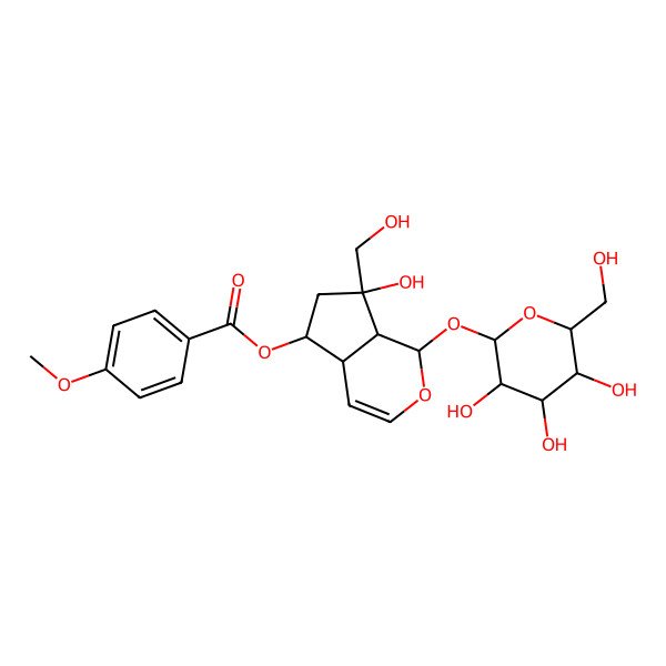 2D Structure of [(1S,4aR,5R,7S,7aS)-7-hydroxy-7-(hydroxymethyl)-1-[(2S,3R,4S,5S,6R)-3,4,5-trihydroxy-6-(hydroxymethyl)oxan-2-yl]oxy-4a,5,6,7a-tetrahydro-1H-cyclopenta[c]pyran-5-yl] 4-methoxybenzoate