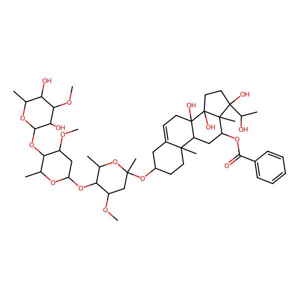 2D Structure of [(3S,8S,10R,12R,13R,14R,17S)-3-[5-[5-(3,5-dihydroxy-4-methoxy-6-methyloxan-2-yl)oxy-4-methoxy-6-methyloxan-2-yl]oxy-4-methoxy-2,6-dimethyloxan-2-yl]oxy-8,14,17-trihydroxy-17-(1-hydroxyethyl)-10,13-dimethyl-1,2,3,4,7,9,11,12,15,16-decahydrocyclopenta[a]phenanthren-12-yl] benzoate