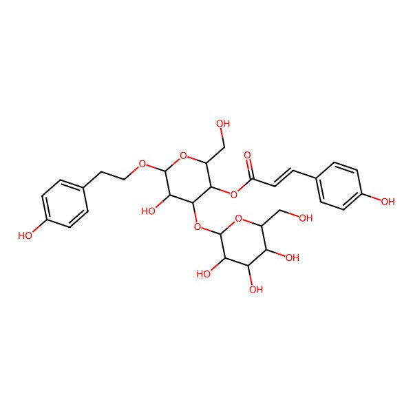 2D Structure of [5-Hydroxy-2-(hydroxymethyl)-6-[2-(4-hydroxyphenyl)ethoxy]-4-[3,4,5-trihydroxy-6-(hydroxymethyl)oxan-2-yl]oxyoxan-3-yl] 3-(4-hydroxyphenyl)prop-2-enoate
