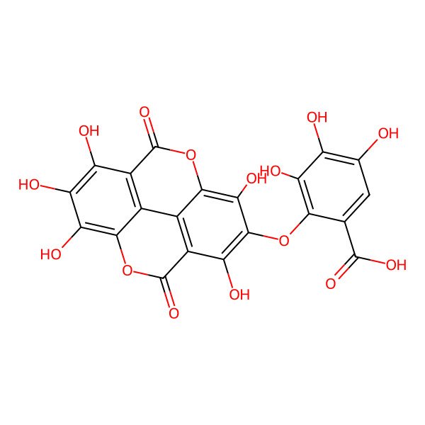 2D Structure of 3,4,5-Trihydroxy-2-[(5,7,12,13,14-pentahydroxy-3,10-dioxo-2,9-dioxatetracyclo[6.6.2.04,16.011,15]hexadeca-1(14),4(16),5,7,11(15),12-hexaen-6-yl)oxy]benzoic acid