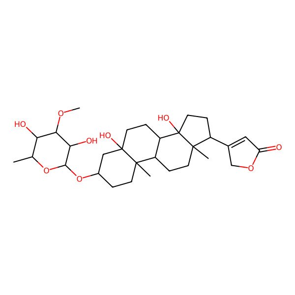 2D Structure of 3-[(3S,5S,8R,9S,10R,13R,14S,17R)-3-[(2R,3R,4S,5S,6R)-3,5-dihydroxy-4-methoxy-6-methyloxan-2-yl]oxy-5,14-dihydroxy-10,13-dimethyl-2,3,4,6,7,8,9,11,12,15,16,17-dodecahydro-1H-cyclopenta[a]phenanthren-17-yl]-2H-furan-5-one