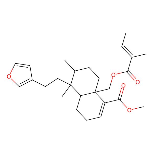 2D Structure of Methyl 5-[2-(furan-3-yl)ethyl]-5,6-dimethyl-8a-(2-methylbut-2-enoyloxymethyl)-3,4,4a,6,7,8-hexahydronaphthalene-1-carboxylate