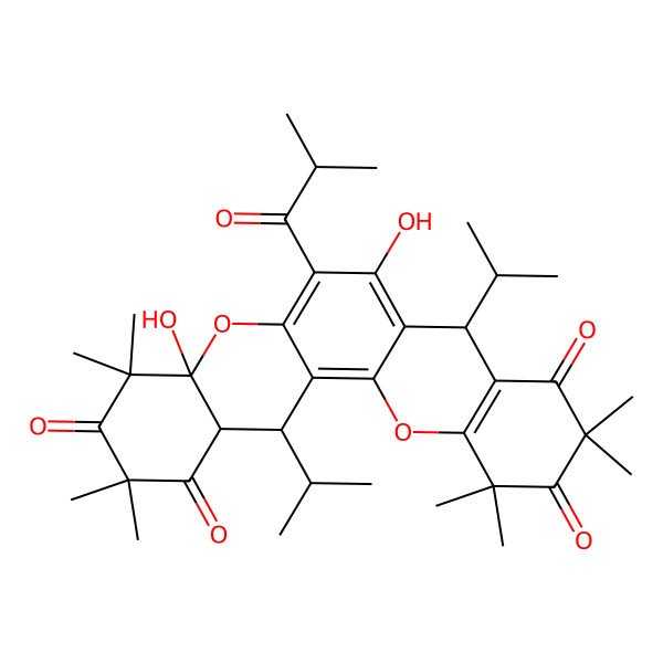 2D Structure of (4aR,8R,14S,14aS)-4a,7-dihydroxy-2,2,4,4,10,10,12,12-octamethyl-6-(2-methylpropanoyl)-8,14-di(propan-2-yl)-14,14a-dihydro-8H-chromeno[2,3-a]xanthene-1,3,9,11-tetrone