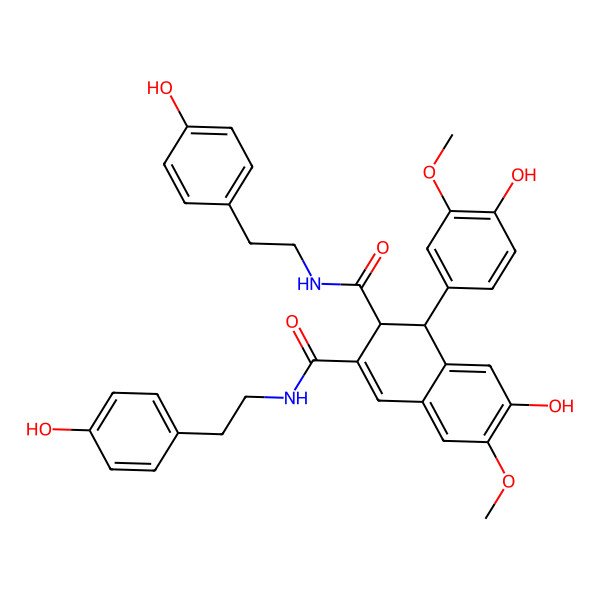 2D Structure of 7-Hydroxy-1-(4-hydroxy-3-methoxyphenyl)-N2,N3-bis(4-hydroxyphenethyl)-6-methoxy-1,2-dihydronaphthalene-2,3-dicarboxamide