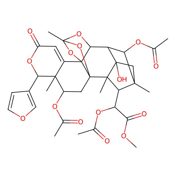 2D Structure of methyl (2S)-2-acetyloxy-2-[(1R,3R,4R,5R,10S,12R,14S,15S,16R,18S,19R,20S,22S)-3,22-diacetyloxy-5-(furan-3-yl)-16-hydroxy-4,12,18,20-tetramethyl-7-oxo-6,11,13,21-tetraoxaheptacyclo[10.8.1.115,18.01,10.04,9.010,14.016,20]docos-8-en-19-yl]acetate