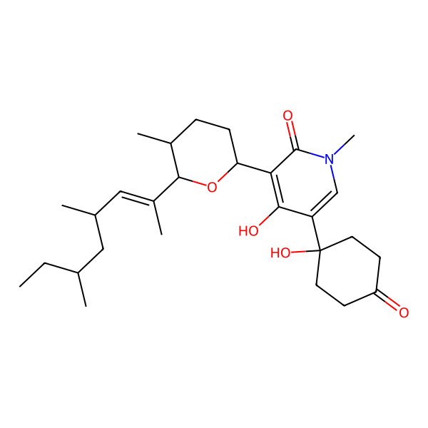 2D Structure of 3-[(2S,5R,6R)-6-[(E,4S,6S)-4,6-dimethyloct-2-en-2-yl]-5-methyloxan-2-yl]-4-hydroxy-5-(1-hydroxy-4-oxocyclohexyl)-1-methylpyridin-2-one
