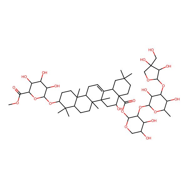 2D Structure of Methyl 6-[[8a-[3-[4-[3,4-dihydroxy-4-(hydroxymethyl)oxolan-2-yl]oxy-3,5-dihydroxy-6-methyloxan-2-yl]oxy-4,5-dihydroxyoxan-2-yl]oxycarbonyl-8-hydroxy-4,4,6a,6b,11,11,14b-heptamethyl-1,2,3,4a,5,6,7,8,9,10,12,12a,14,14a-tetradecahydropicen-3-yl]oxy]-3,4,5-trihydroxyoxane-2-carboxylate