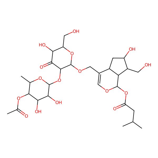 2D Structure of [4-[[3-(5-Acetyloxy-3,4-dihydroxy-6-methyloxan-2-yl)oxy-5-hydroxy-6-(hydroxymethyl)-4-oxooxan-2-yl]oxymethyl]-6-hydroxy-7-(hydroxymethyl)-1,4a,5,6,7,7a-hexahydrocyclopenta[c]pyran-1-yl] 3-methylbutanoate