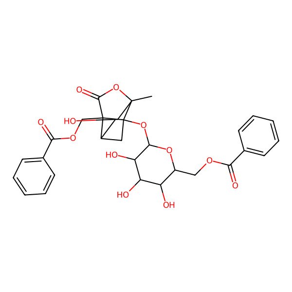 2D Structure of [(2R,3S,4S,5R,6S)-6-[[9-(benzoyloxymethyl)-4-hydroxy-6-methyl-8-oxo-7-oxatricyclo[4.3.0.03,9]nonan-1-yl]oxy]-3,4,5-trihydroxyoxan-2-yl]methyl benzoate